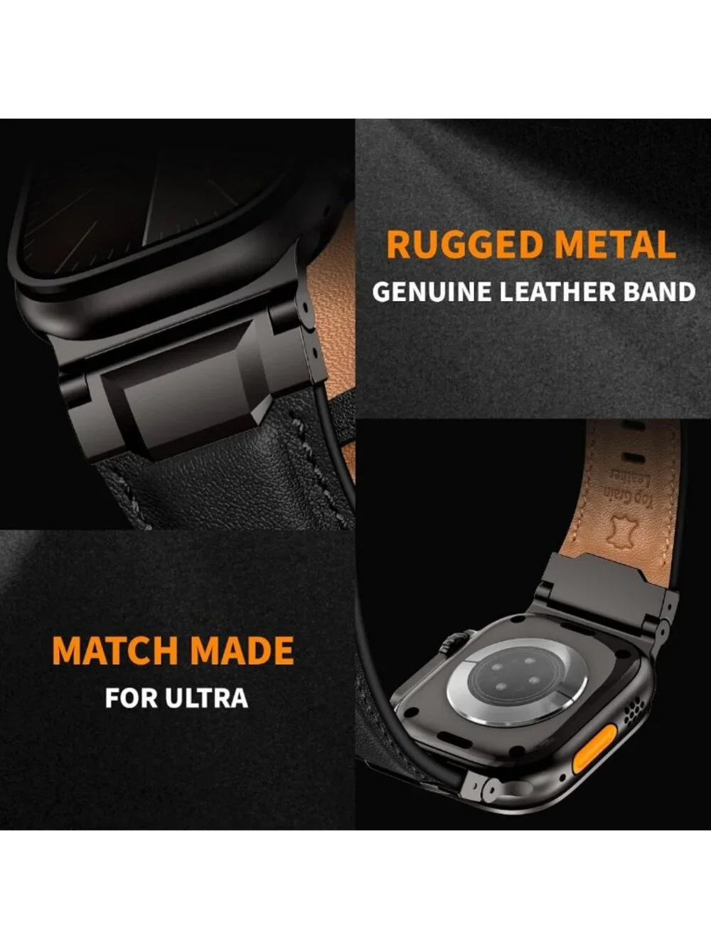 Genuine Leather Apple Watch Band for Men, 49mm-42mm, Metal Connector, Black